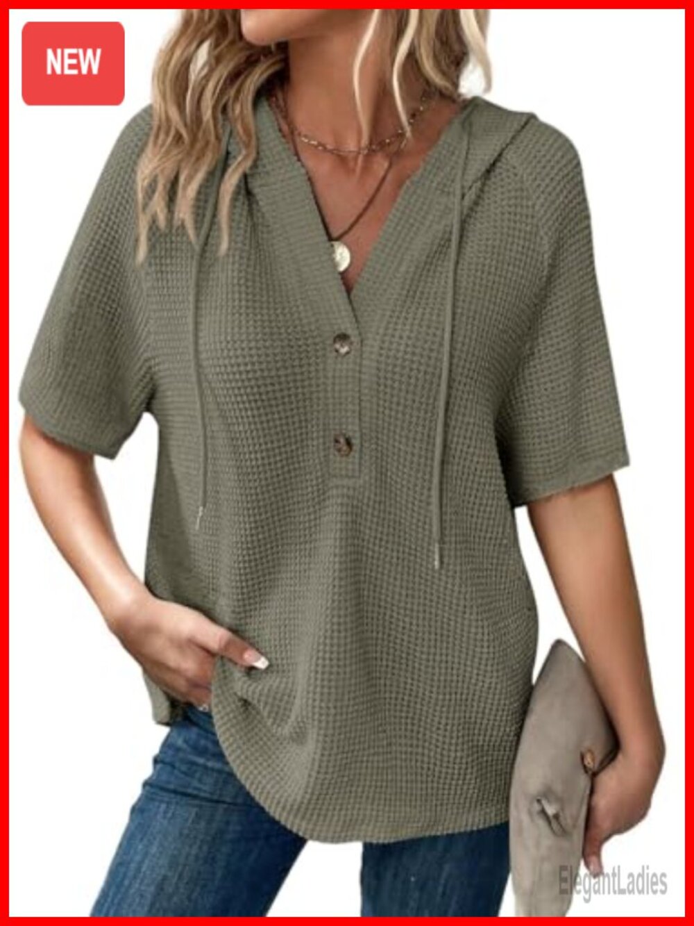Waffle Knit Short Sleeve Drawstring Hoodie V Neck Button Casual Top